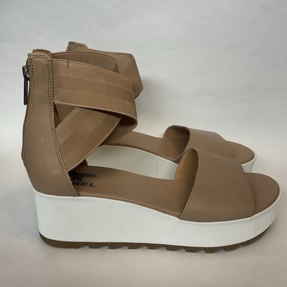 NWOB‎ Sorel Cameron Flatform Ankle Strap Beige Leather Sea Salt Sandals Women 10